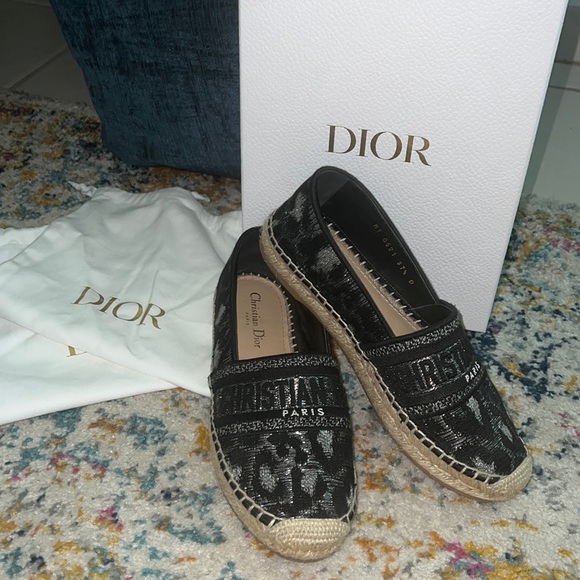 Dior Black Granville Mizza Lurex Embroidered Metal Grey Espadrille 37.5 Flats